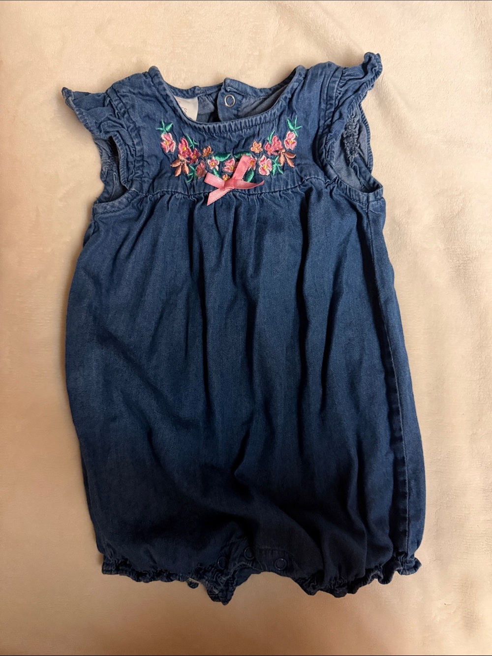 Little Wonders Navy Denim Romper with Pink Floral Embroidery